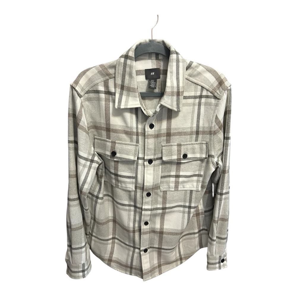 H&M Men's Checkered Shirt Jacket - Cream and Brown